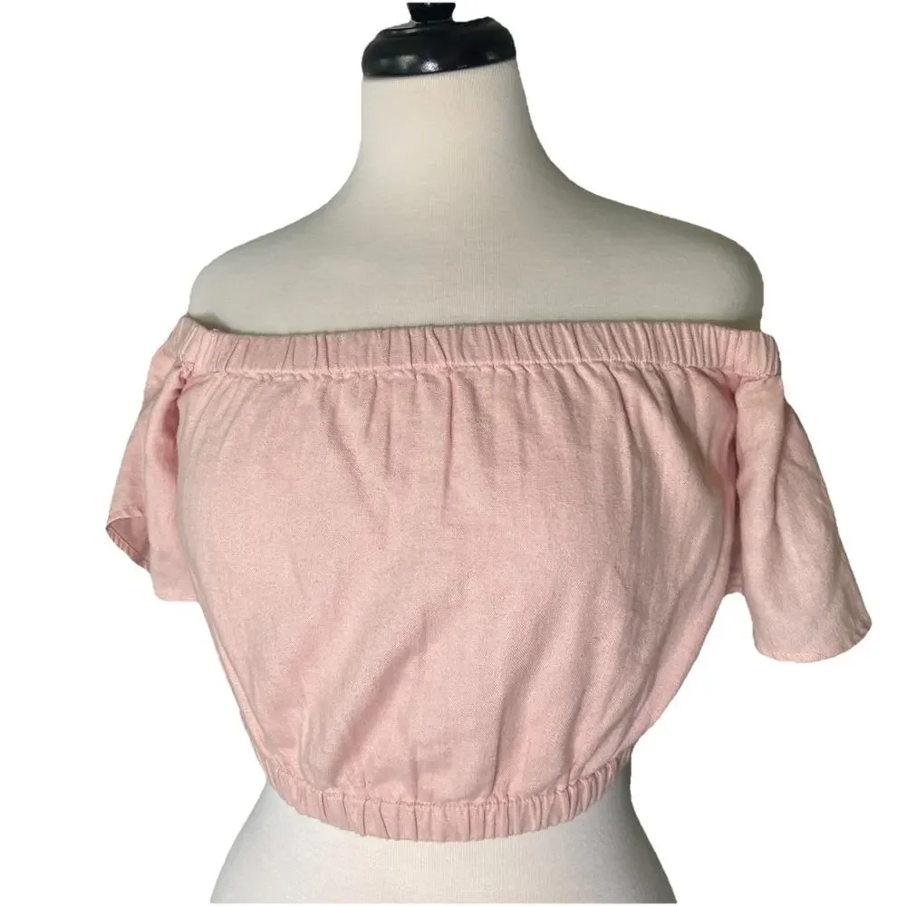 Abercrombie & Fitch Linen Blend Pink Crop Top with Puff Sleeves Size Small